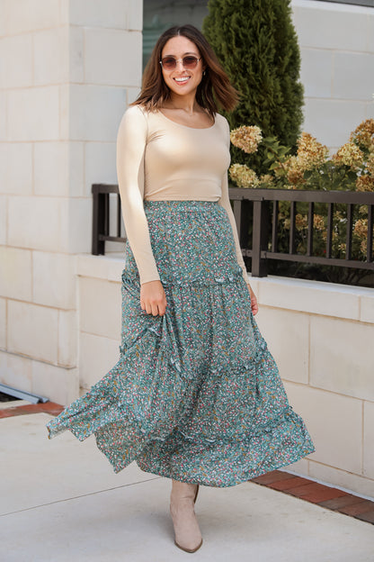 Feeling So Sweet Teal Floral Tiered Maxi Skirt