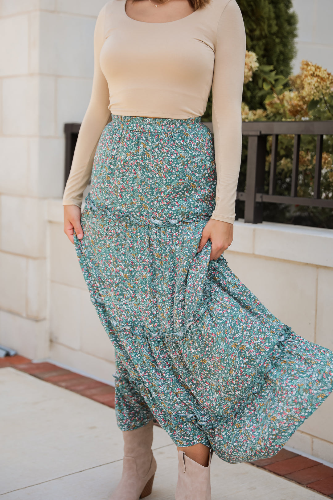 Feeling So Sweet Teal Floral Tiered Maxi Skirt