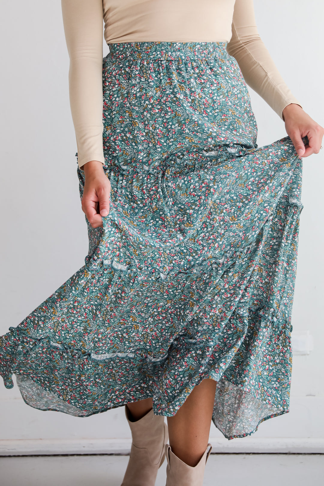 Feeling So Sweet Teal Floral Tiered Maxi Skirt