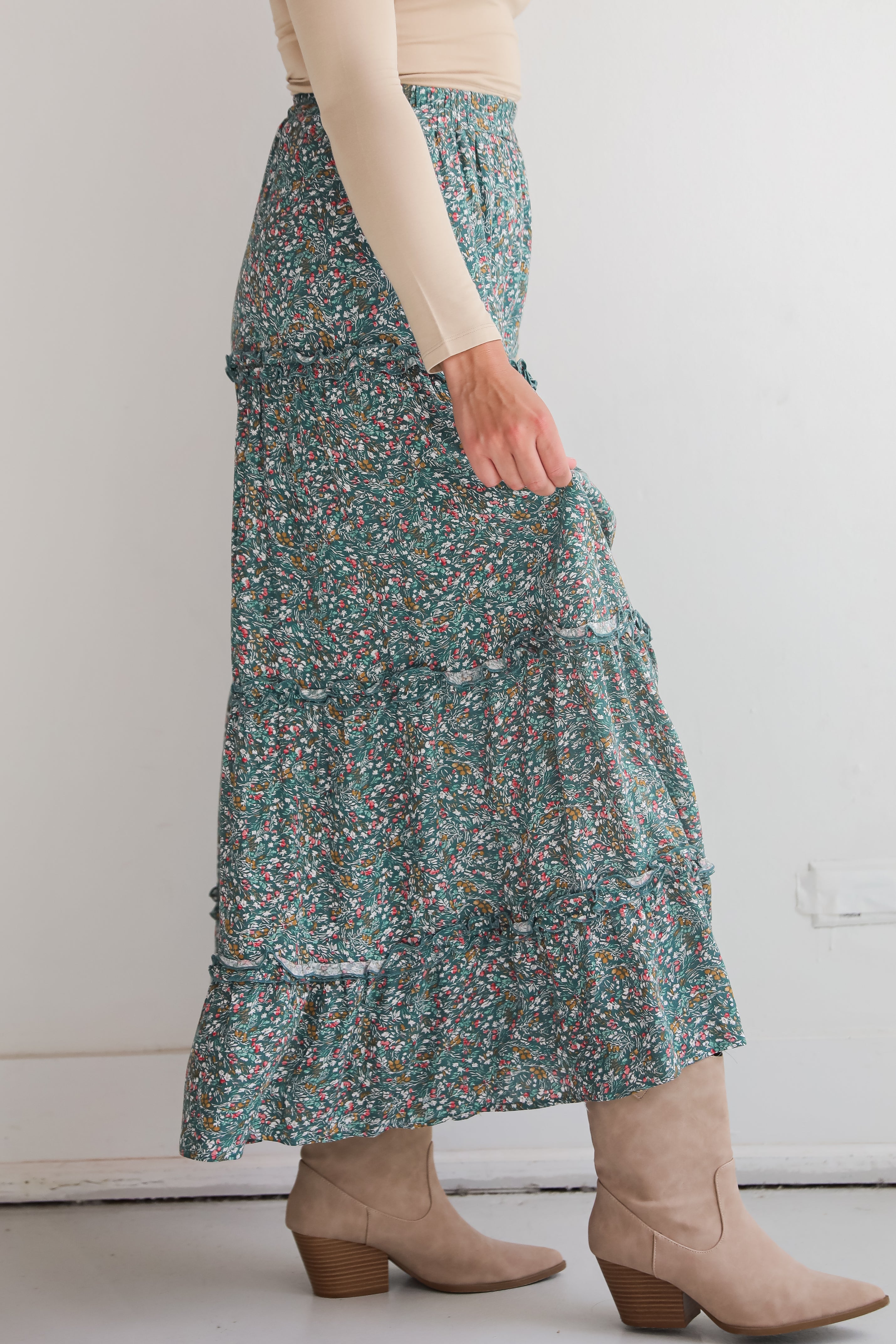 Feeling So Sweet Teal Floral Tiered Maxi Skirt