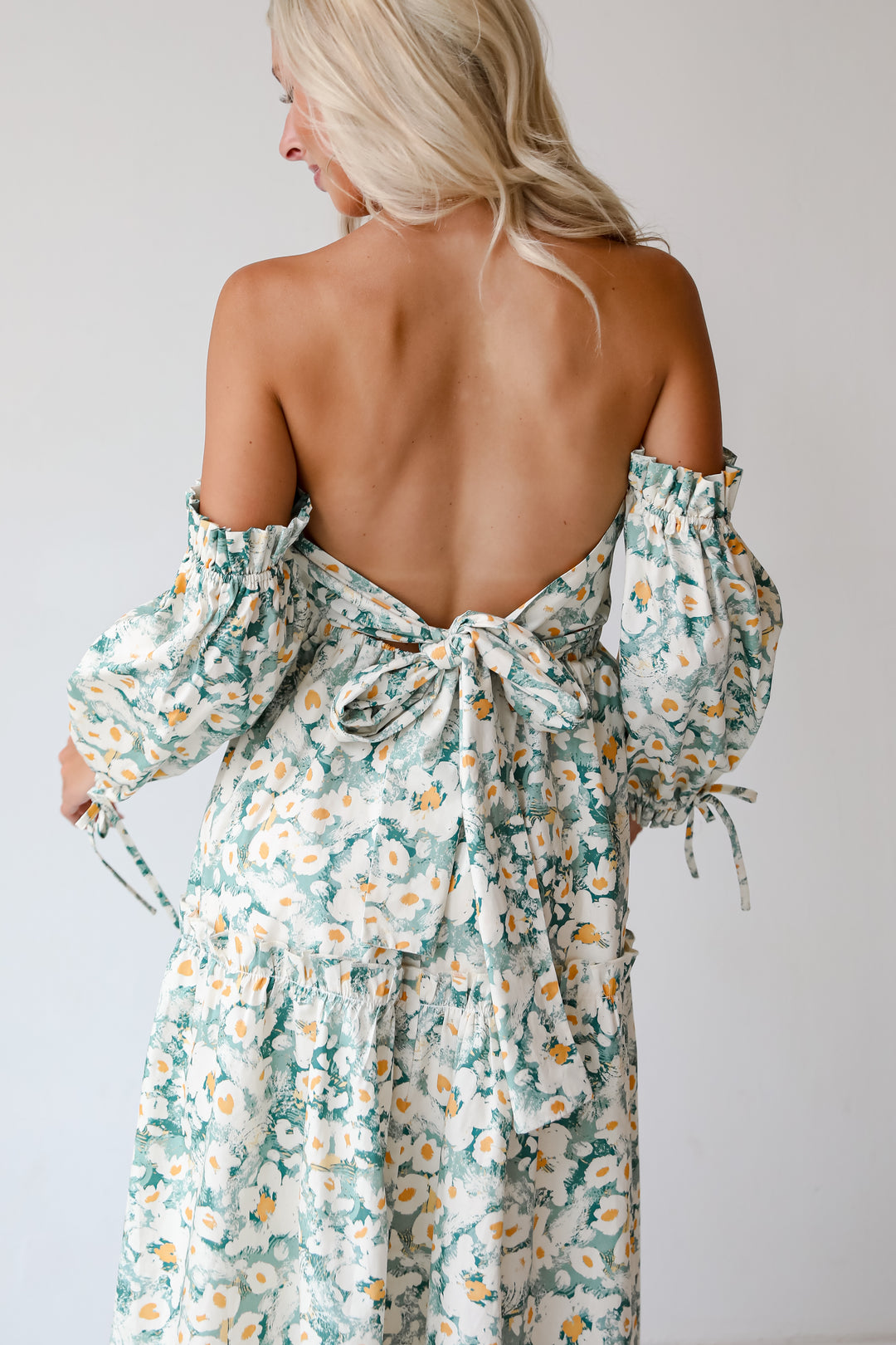 Delightful Aspect Sage Floral Off-The-Shoulder Midi Dress