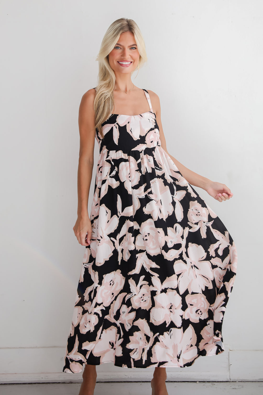 Convincingly Sweet Black Floral Midi Dress