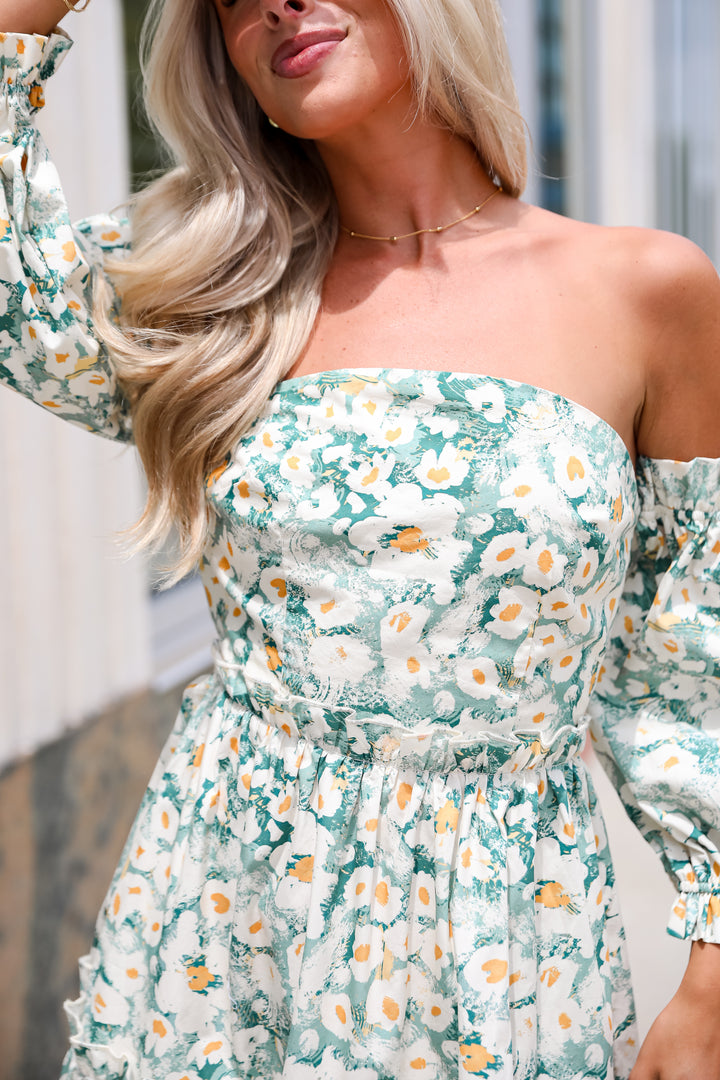 Delightful Aspect Sage Floral Off-The-Shoulder Midi Dress