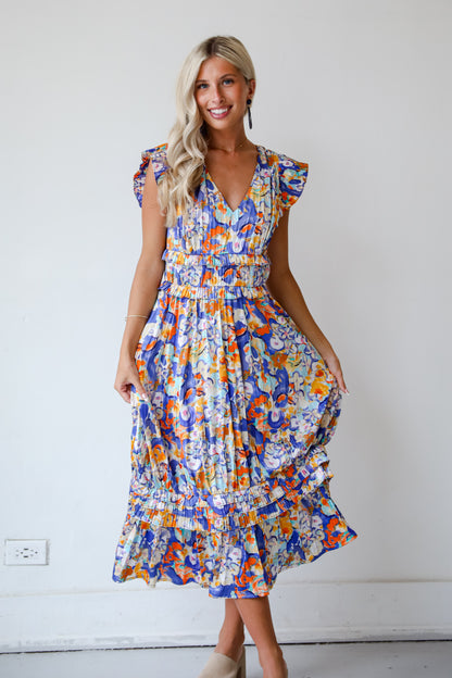 Ethereal Muse Royal Blue Satin Floral Midi Dress