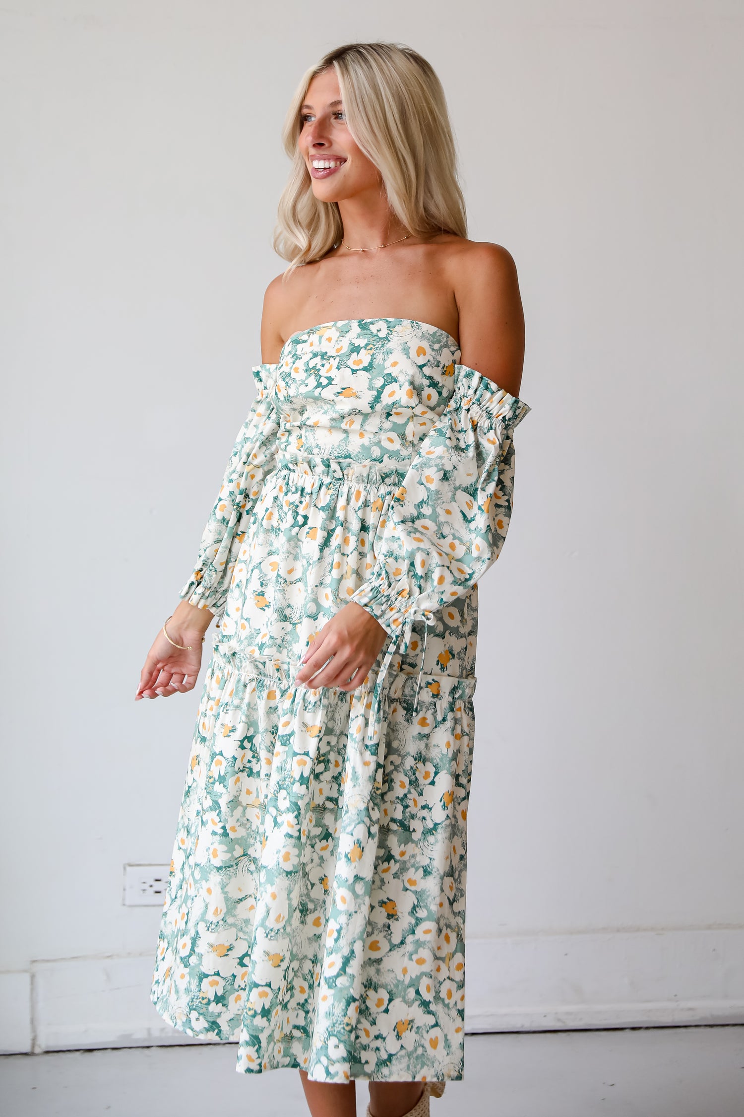 Delightful Aspect Sage Floral Off-The-Shoulder Midi Dress