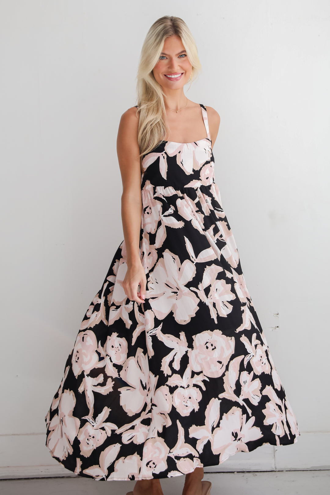 Convincingly Sweet Black Floral Midi Dress