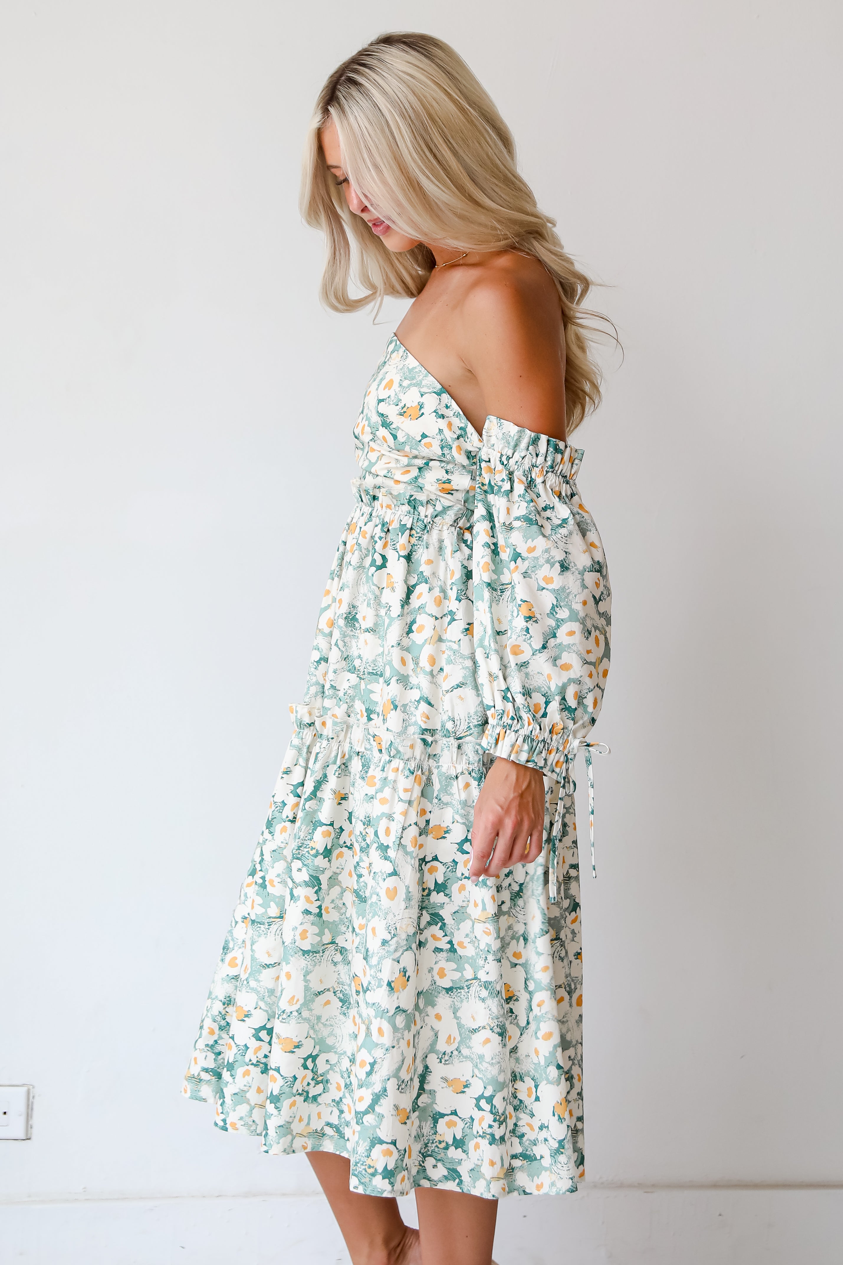 Delightful Aspect Sage Floral Off-The-Shoulder Midi Dress