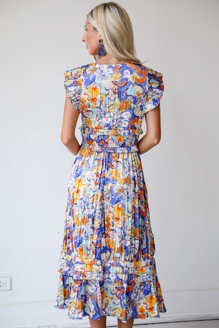 Ethereal Muse Royal Blue Satin Floral Midi Dress