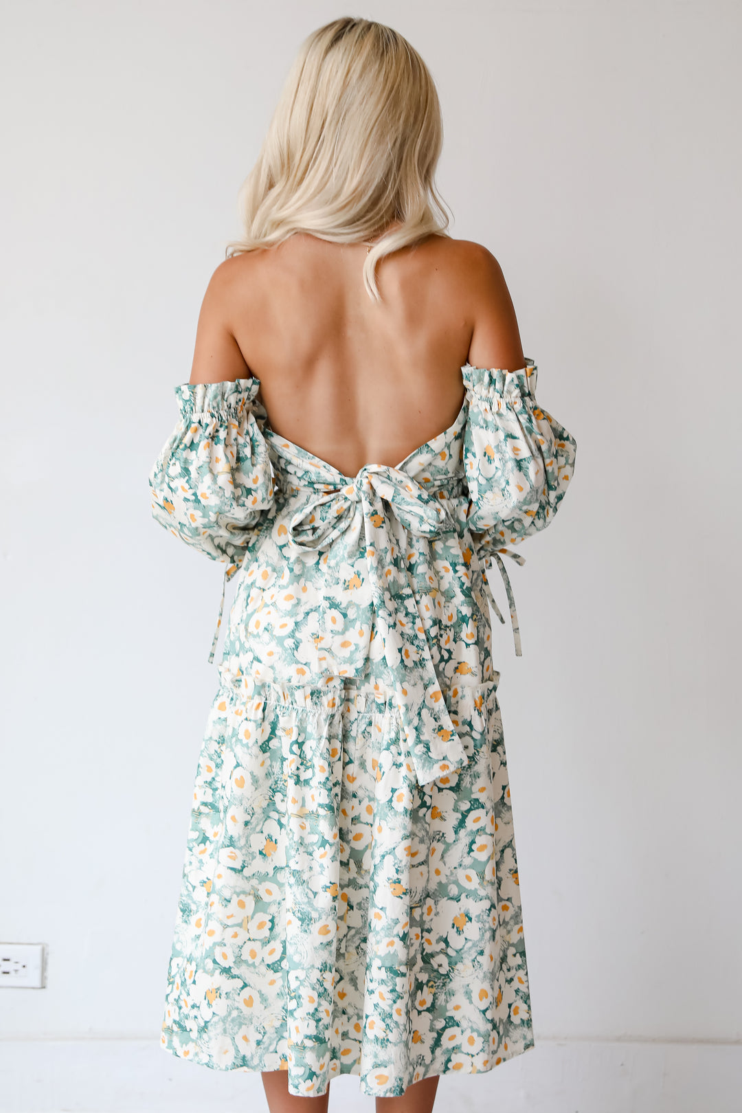 Delightful Aspect Sage Floral Off-The-Shoulder Midi Dress