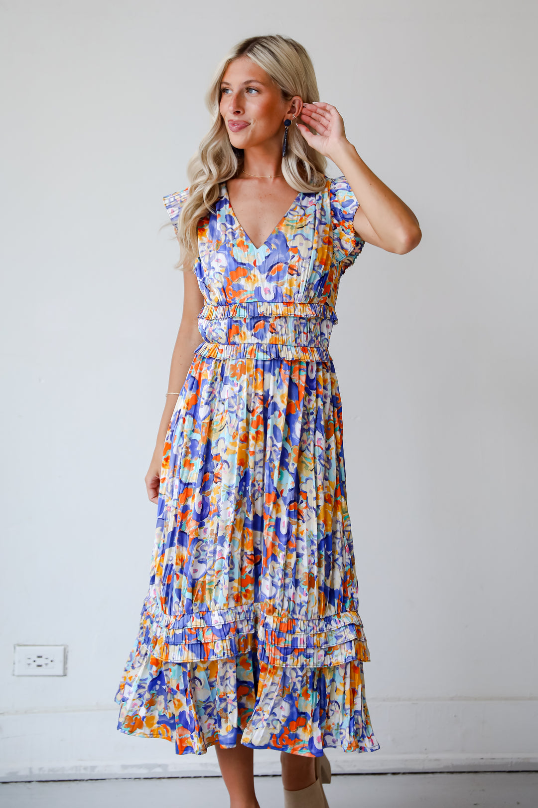 Ethereal Muse Royal Blue Satin Floral Midi Dress