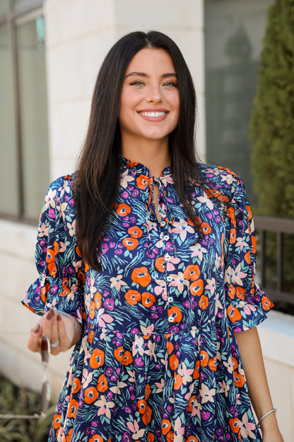 Adored Mood Navy Floral Babydoll Mini Dress