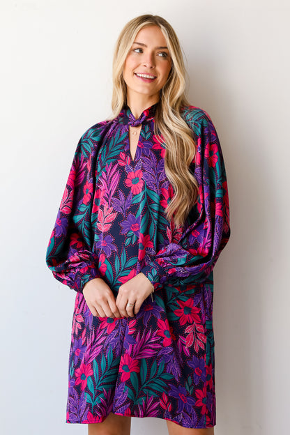 long sleeve Floral Satin Mini Dress