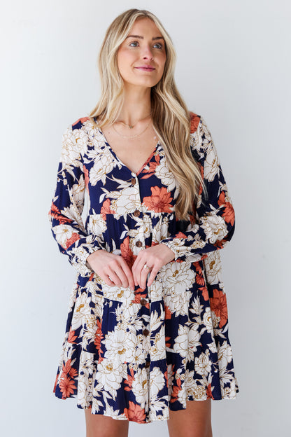 Navy Floral Tiered Mini Dress on model