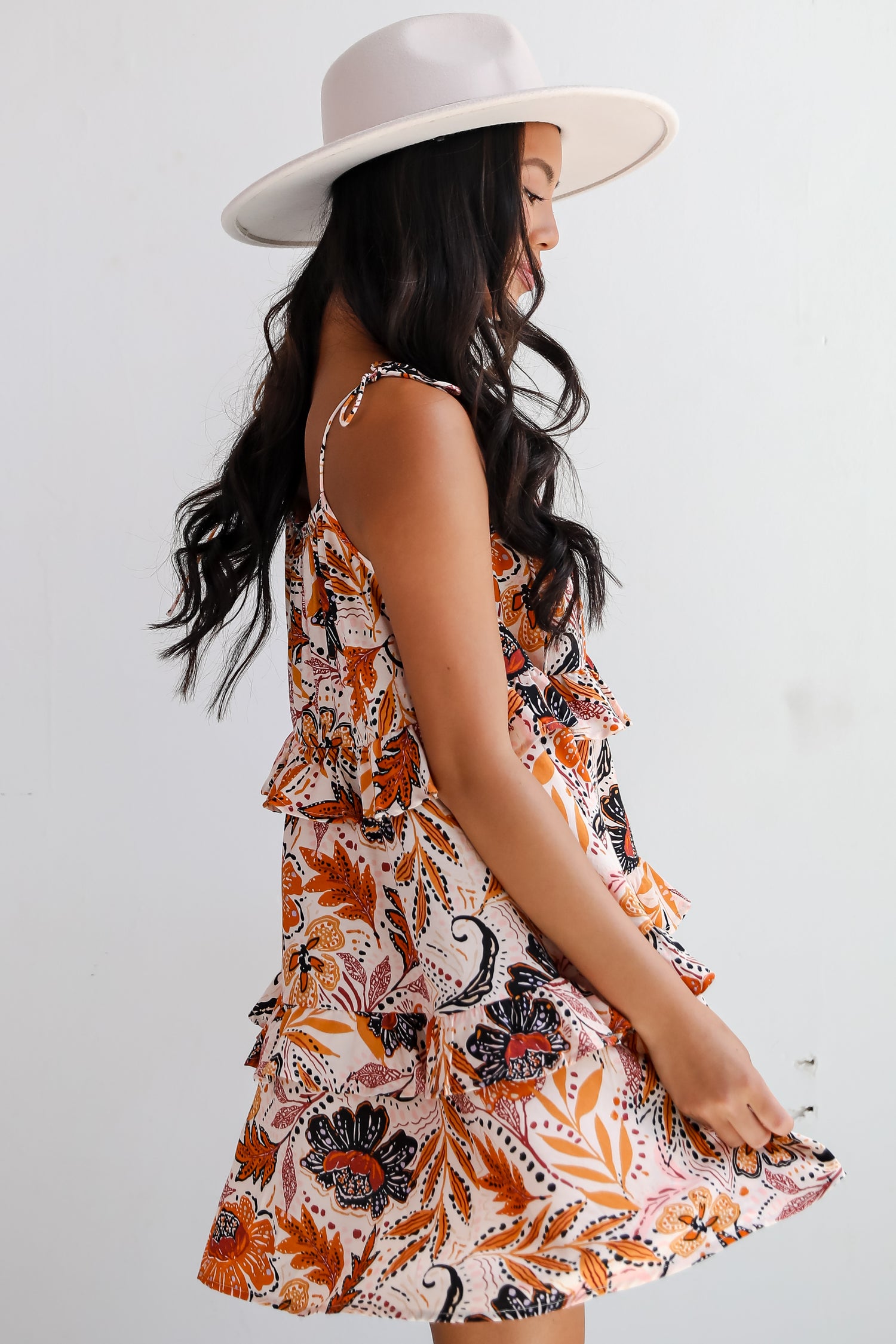 Stellar Poise Brown Floral Tiered Mini Dress