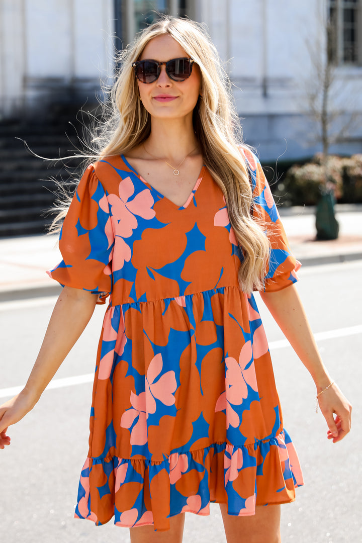 blue Floral Babydoll Mini Dress