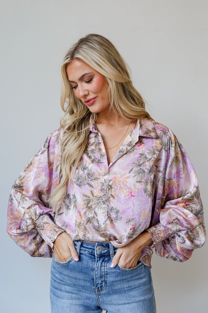 Lavender Satin Floral Blouse on model