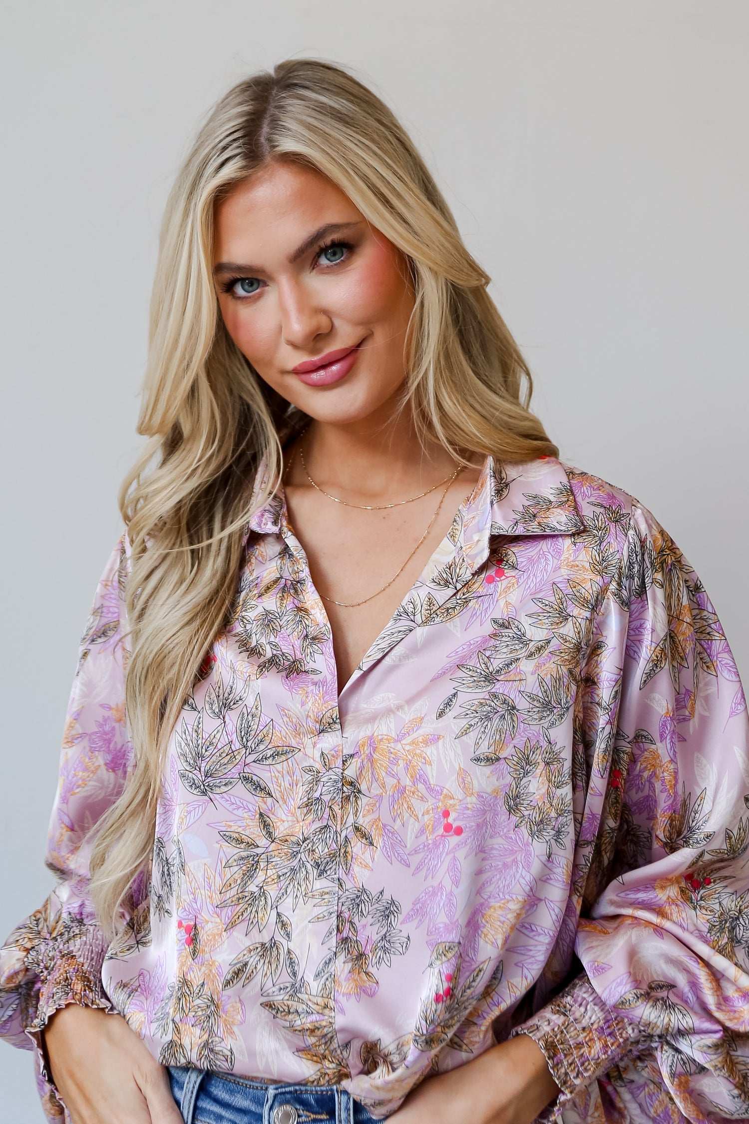 Lavender Satin Floral Blouse front view