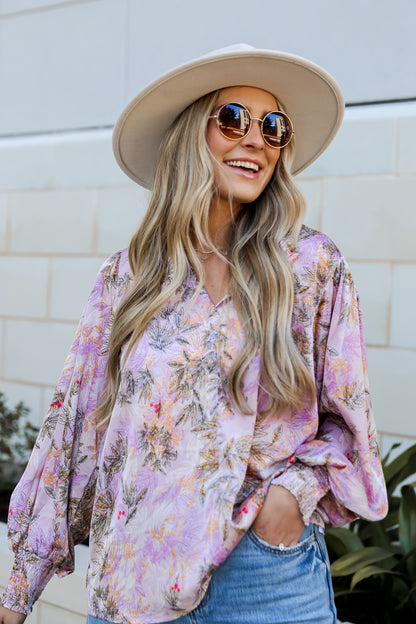 Lavender Satin Floral Blouse