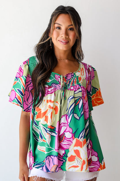 Treasured Vibe Green Satin Floral Blouse