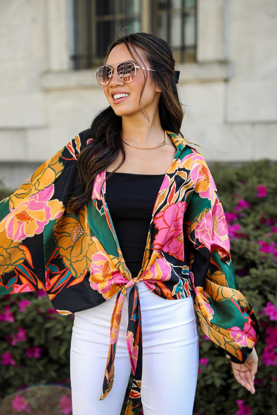 State Of Chic Black Satin Floral Tie-Front Blouse