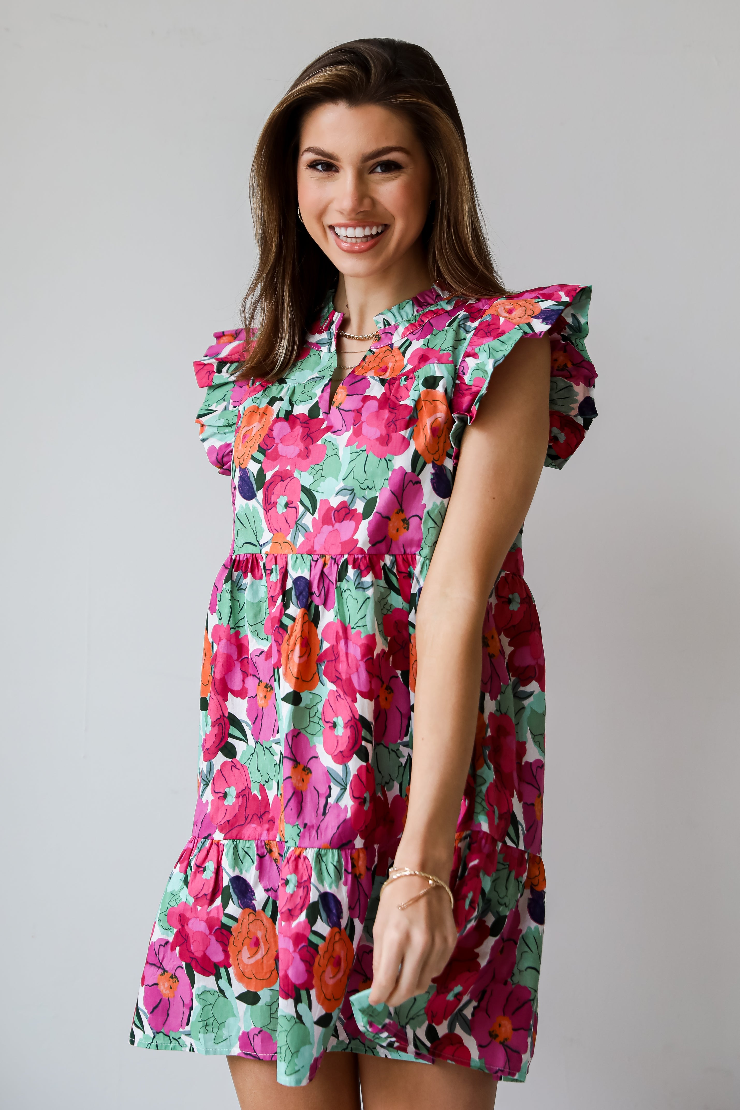 womens floral dresses Precious Approach Fuchsia Floral Tiered Mini Dress