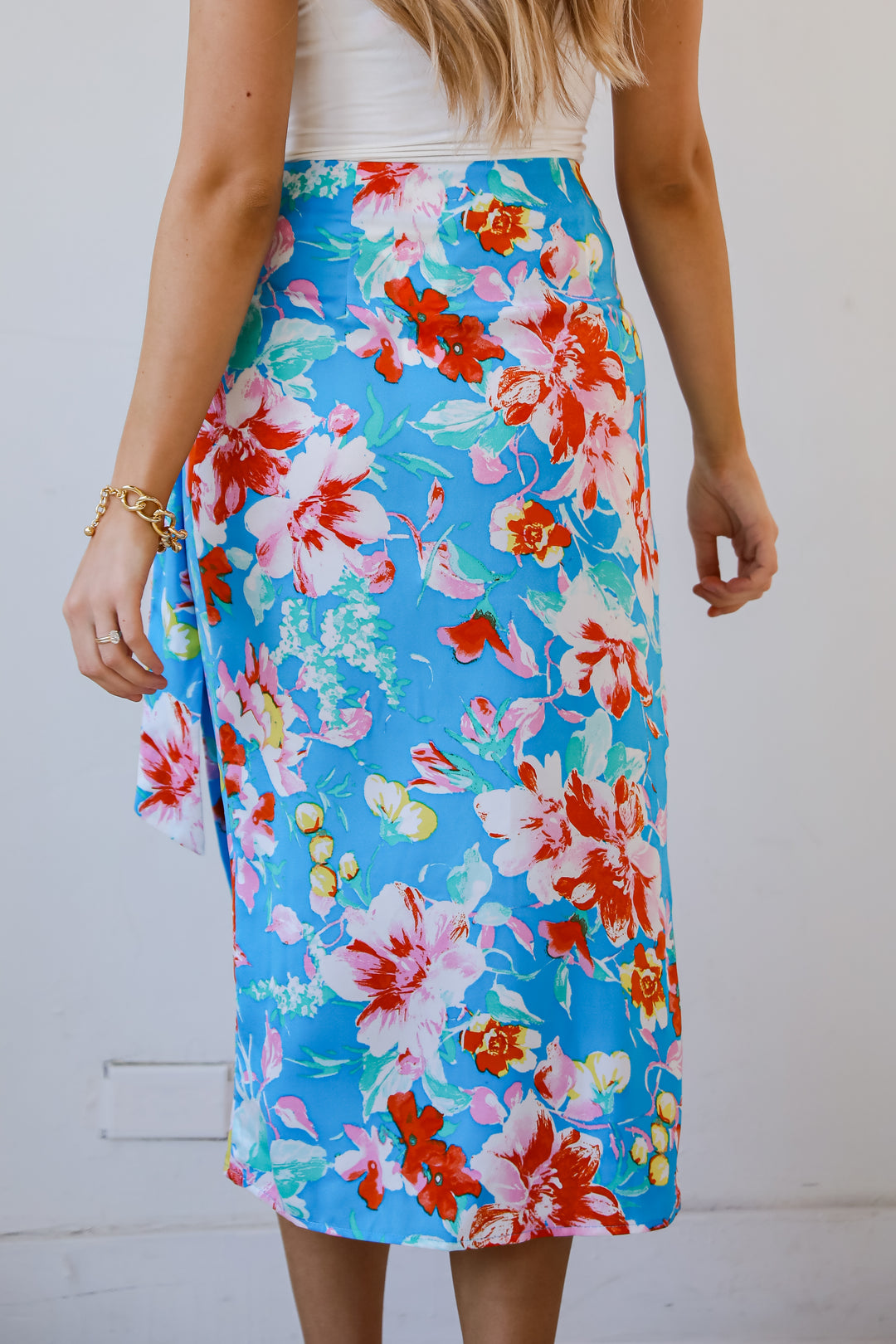 Tropical Sun Blue Floral Wrap Midi Skirt