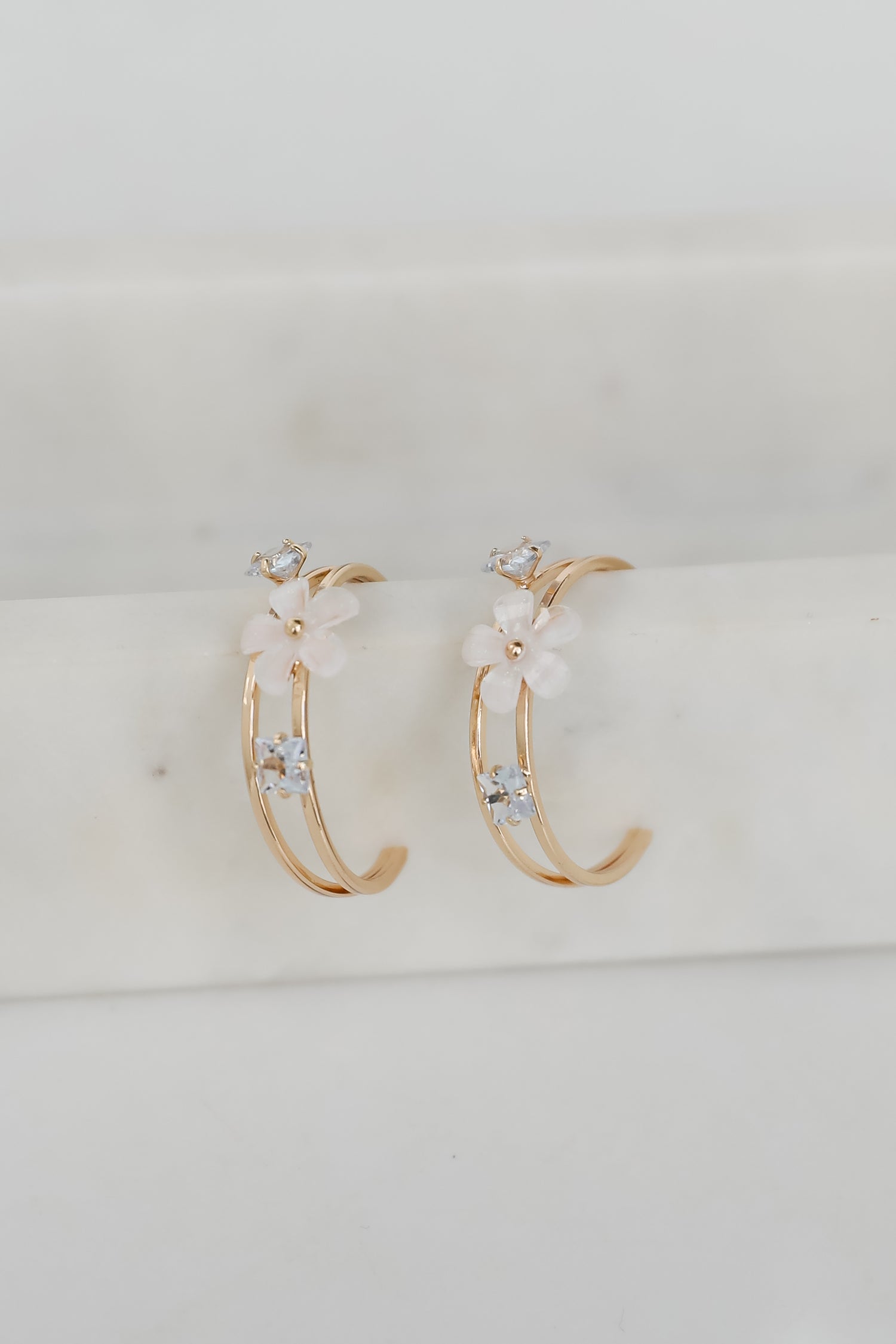 Rae Gold Flower + Rhinestone Hoop Earrings