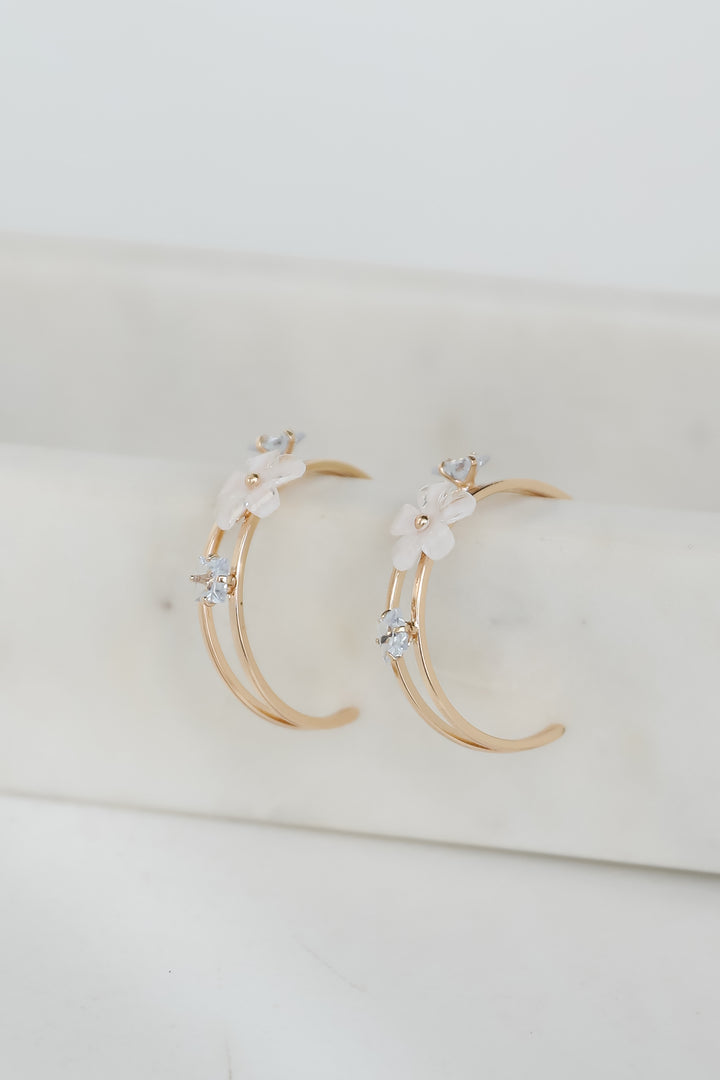 Rae Gold Flower + Rhinestone Hoop Earrings