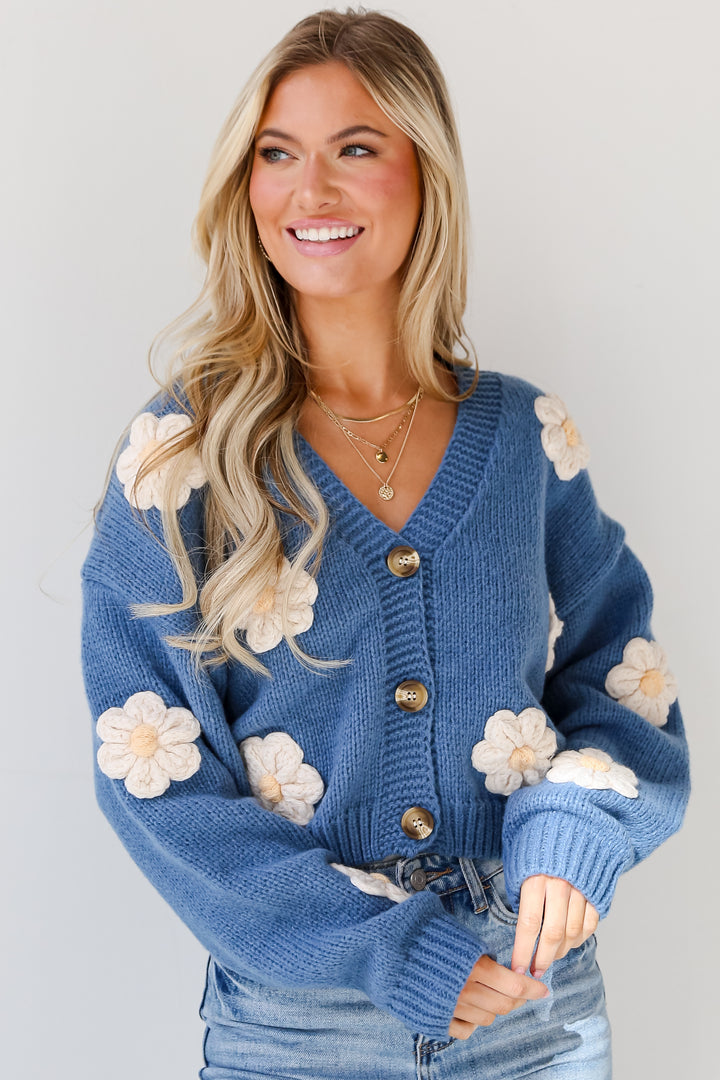 blue Floral Sweater Cardigan on model