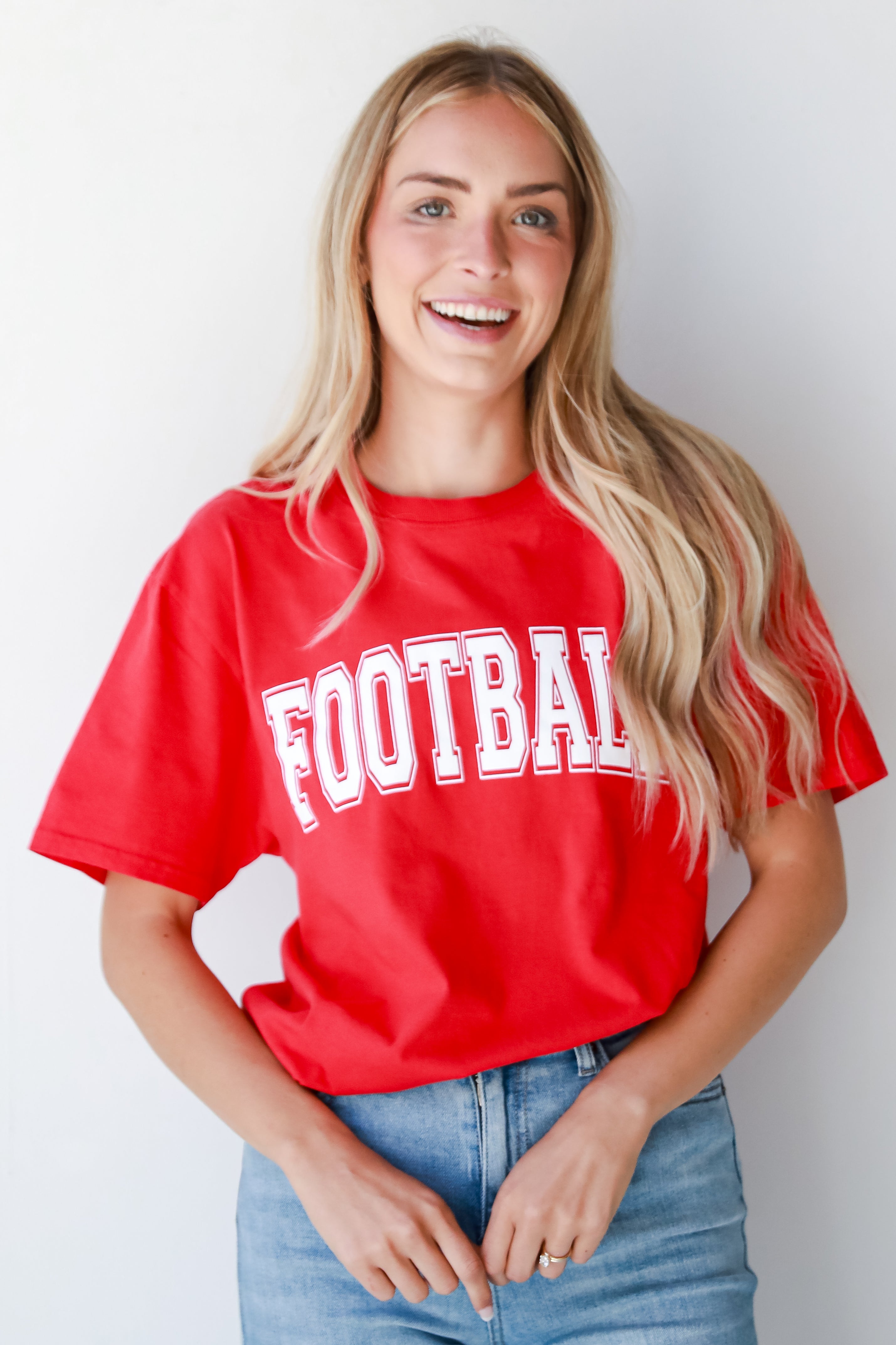 red Football Tee on model