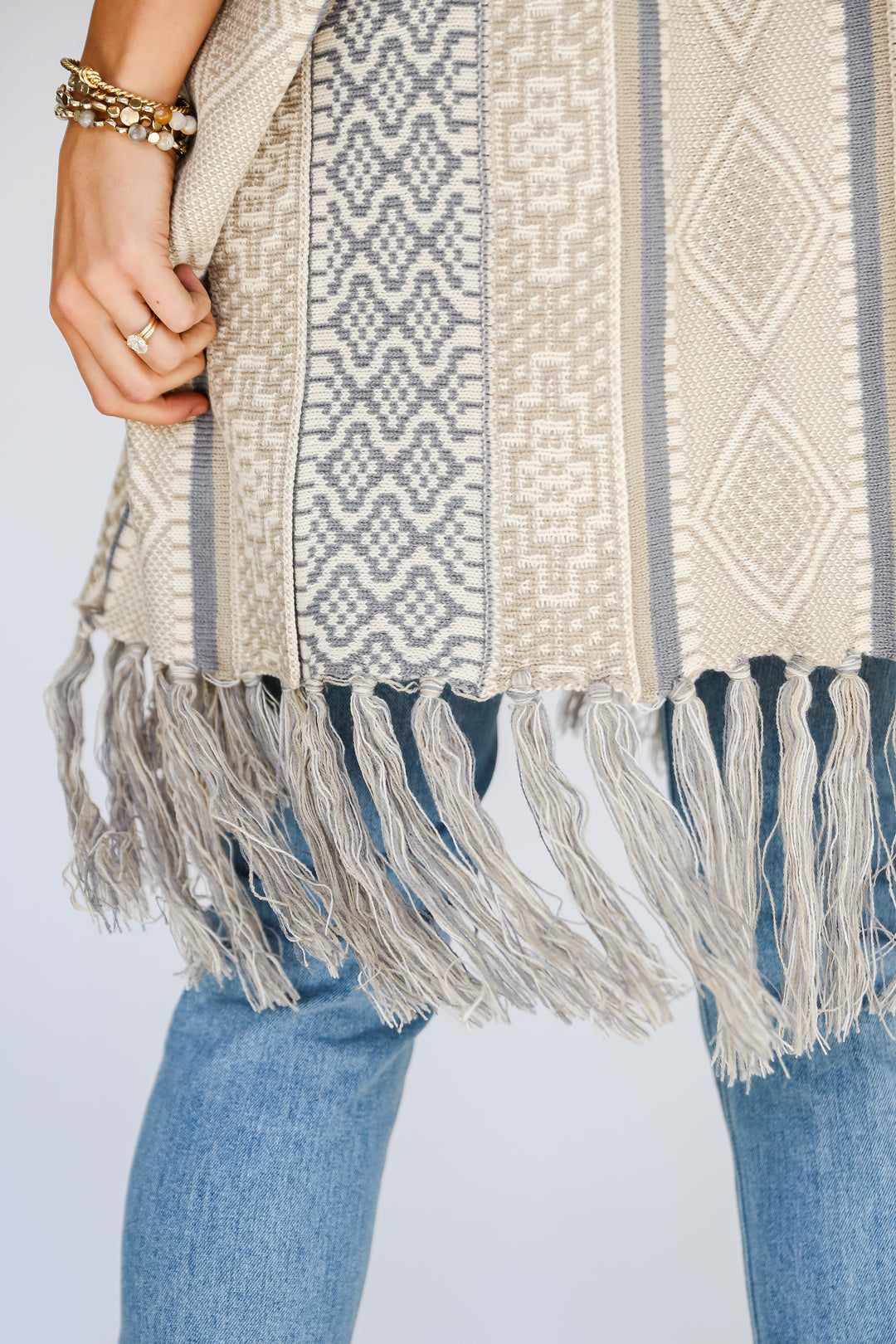 Beige Fringe Cardigan close up