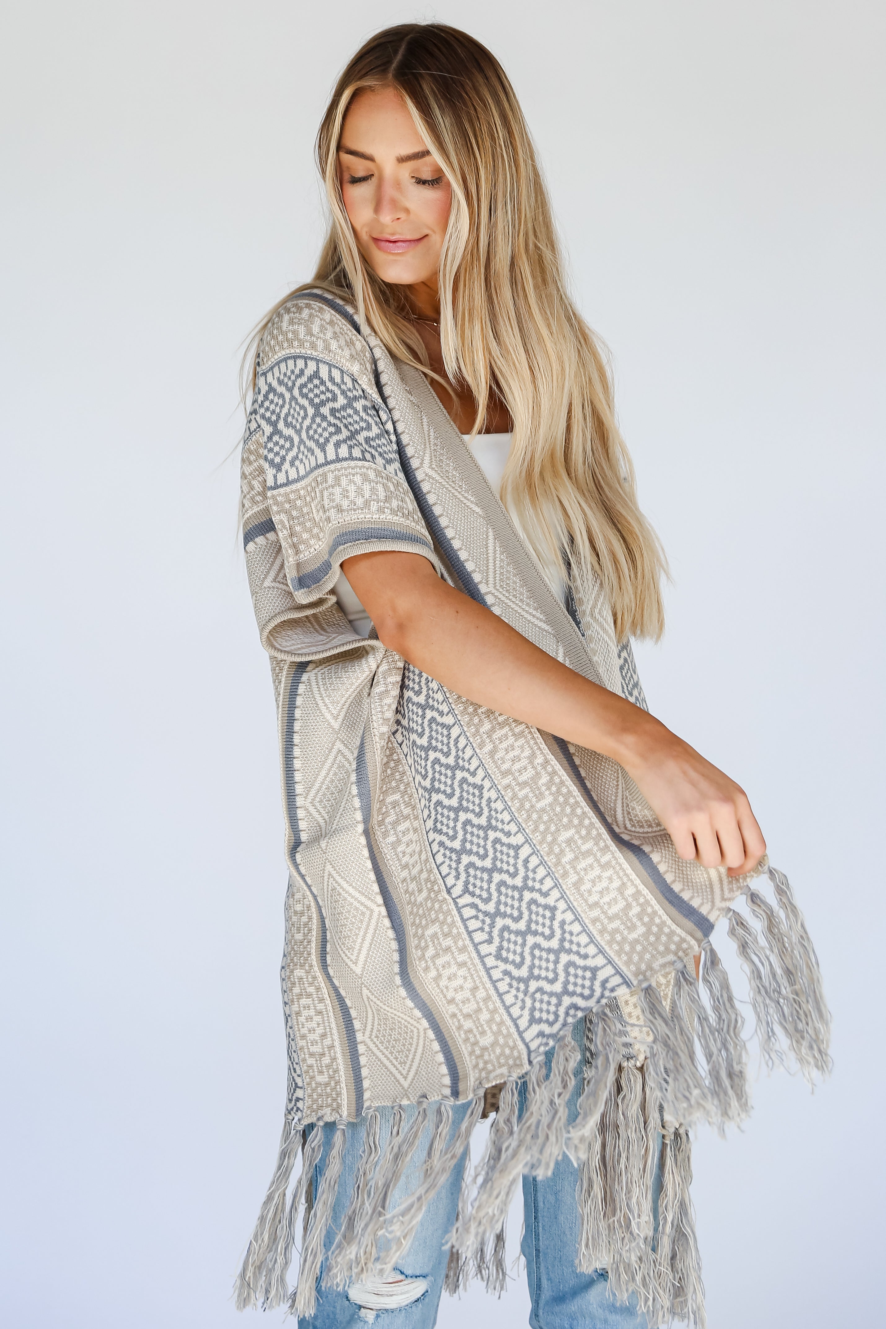 Beige Fringe Cardigan front view