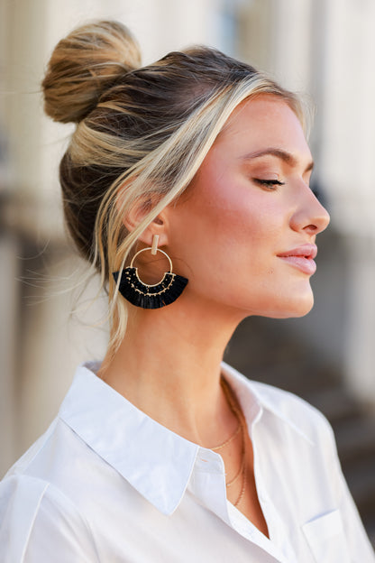 black Fringe Statement Earrings on model