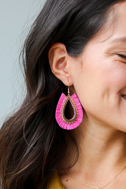 pink Fringe Teardrop Earrings close up