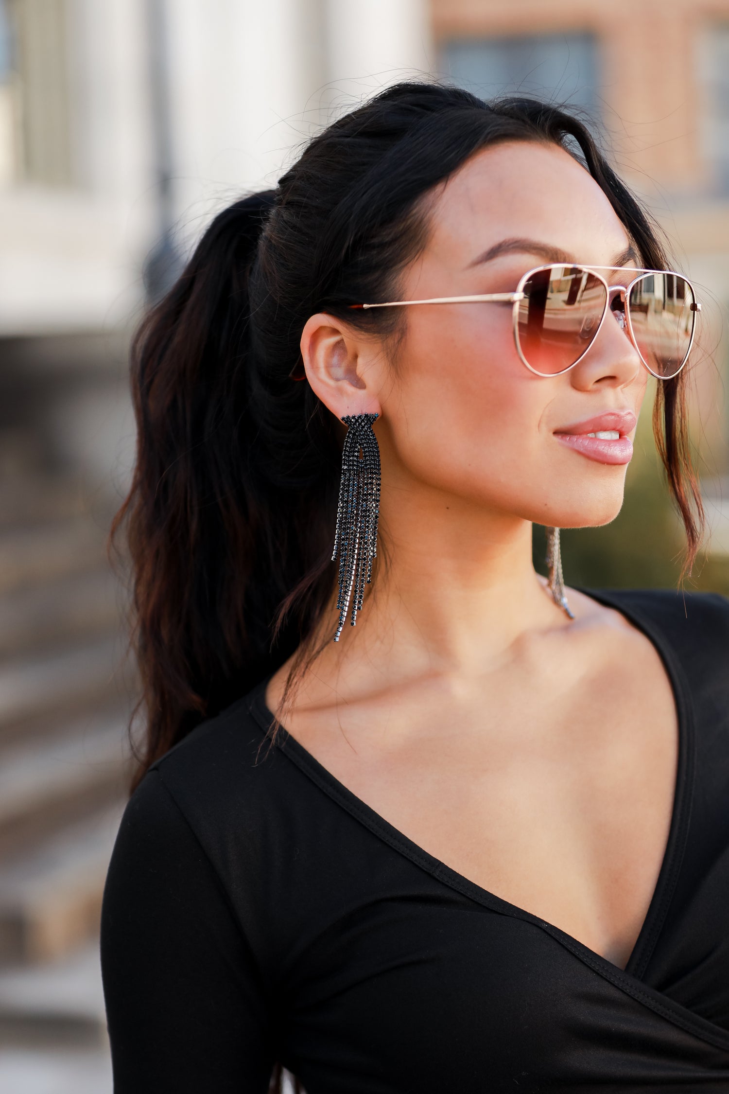 Black Rhinestone Fringe Earrings on dress up model