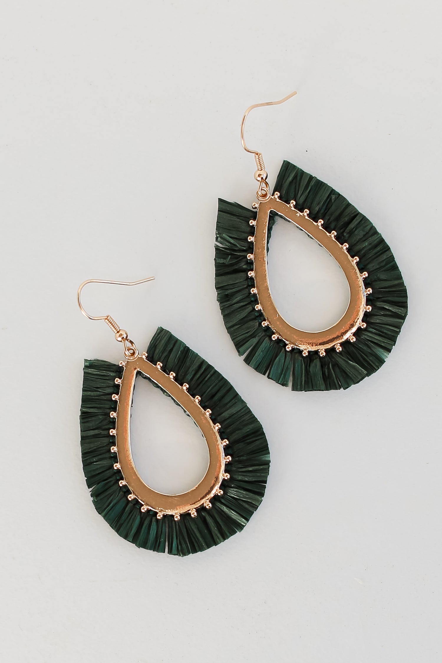 hunter green Fringe Teardrop Earrings close up