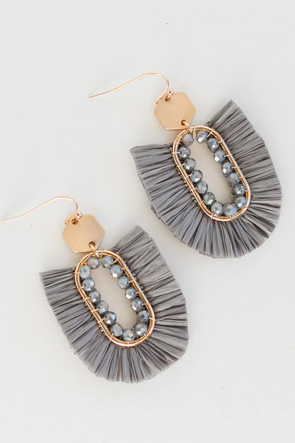 grey Fringe Statement Earrings close up