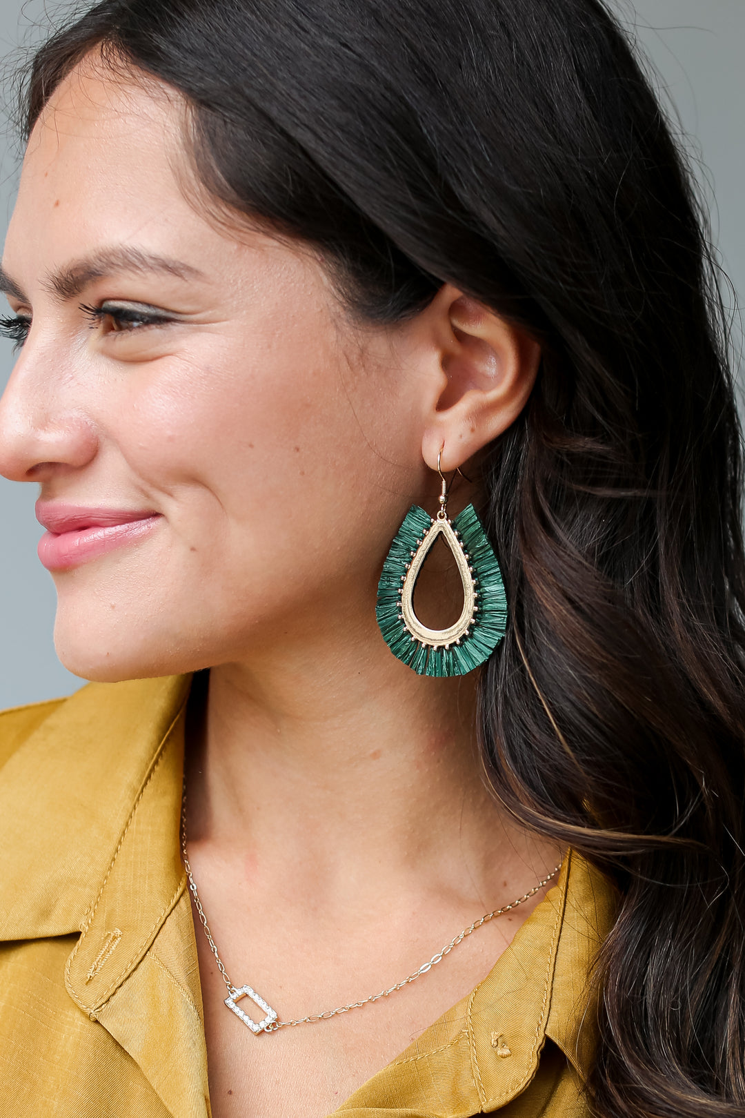 hunter green Fringe Teardrop Earrings on model