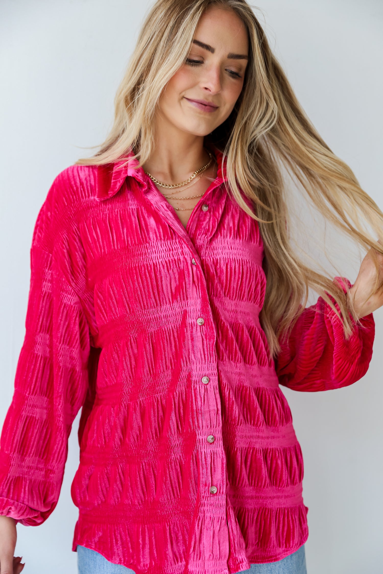 cute Fuchsia Velvet Button-Up Blouse