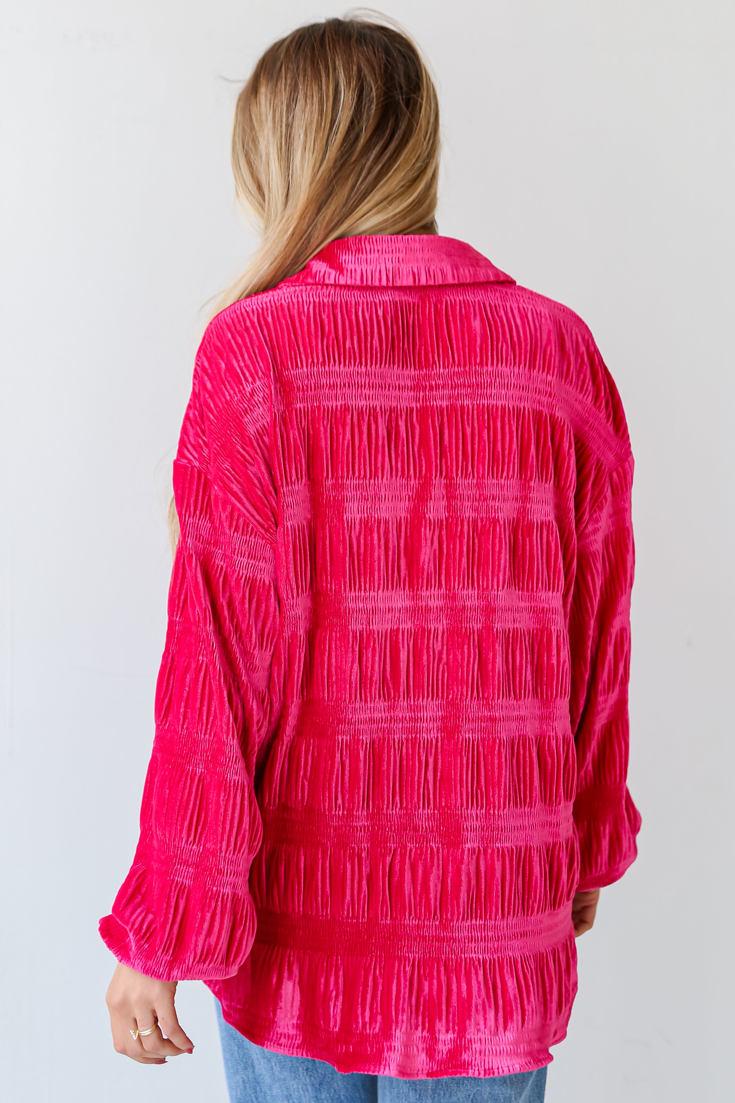 womens Fuchsia Velvet Button-Up Blouse