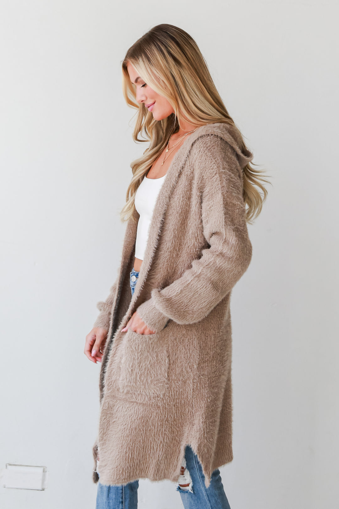 taupe Eyelash Knit Hooded Cardigan side view