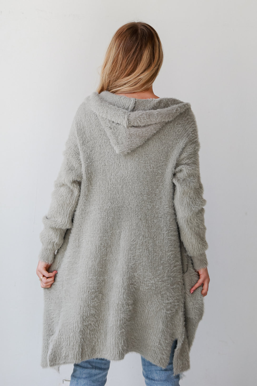 sage fuzzy Eyelash Knit Hooded Cardigan