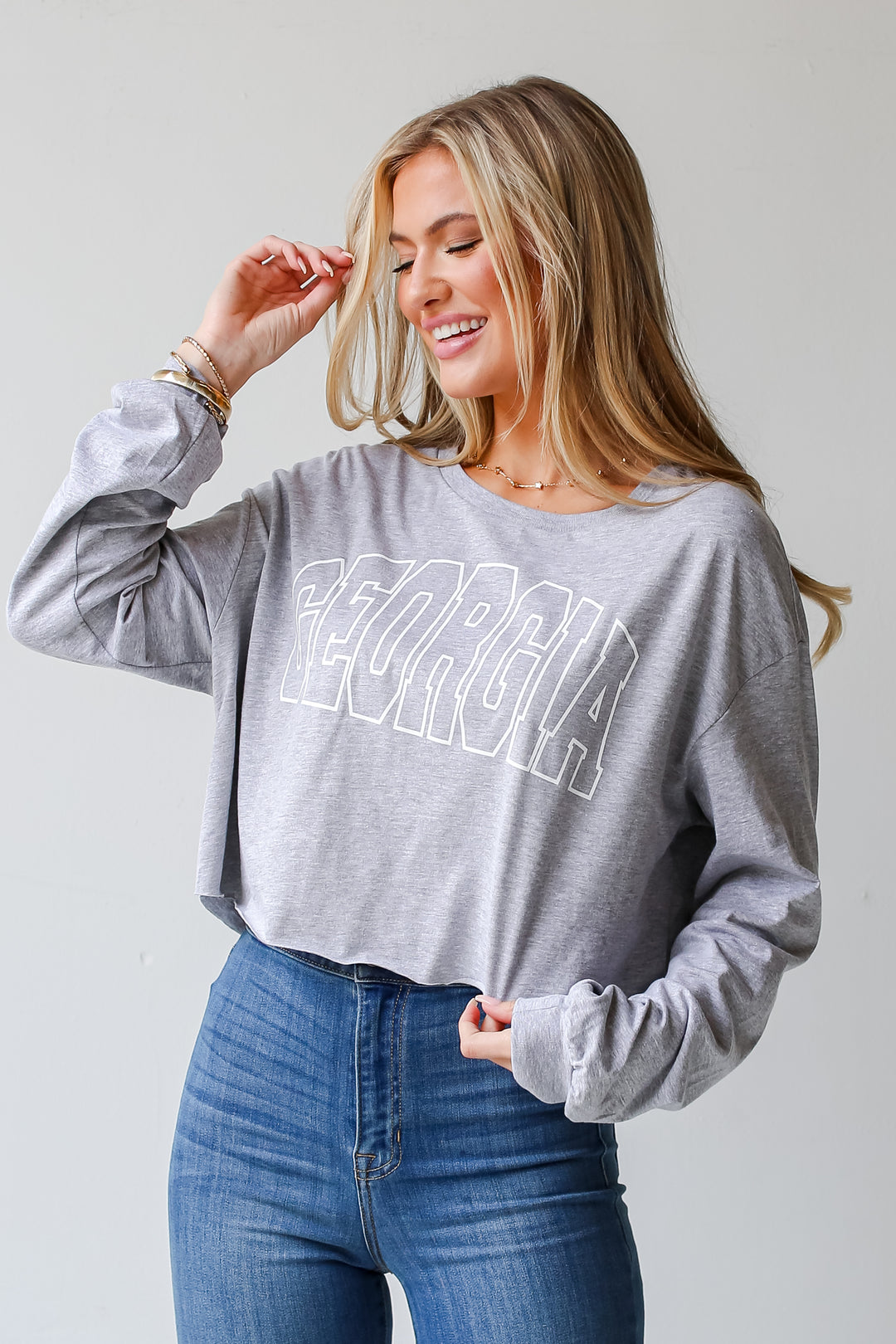 Heather Grey Georgia Cropped Long Sleeve Tee front view