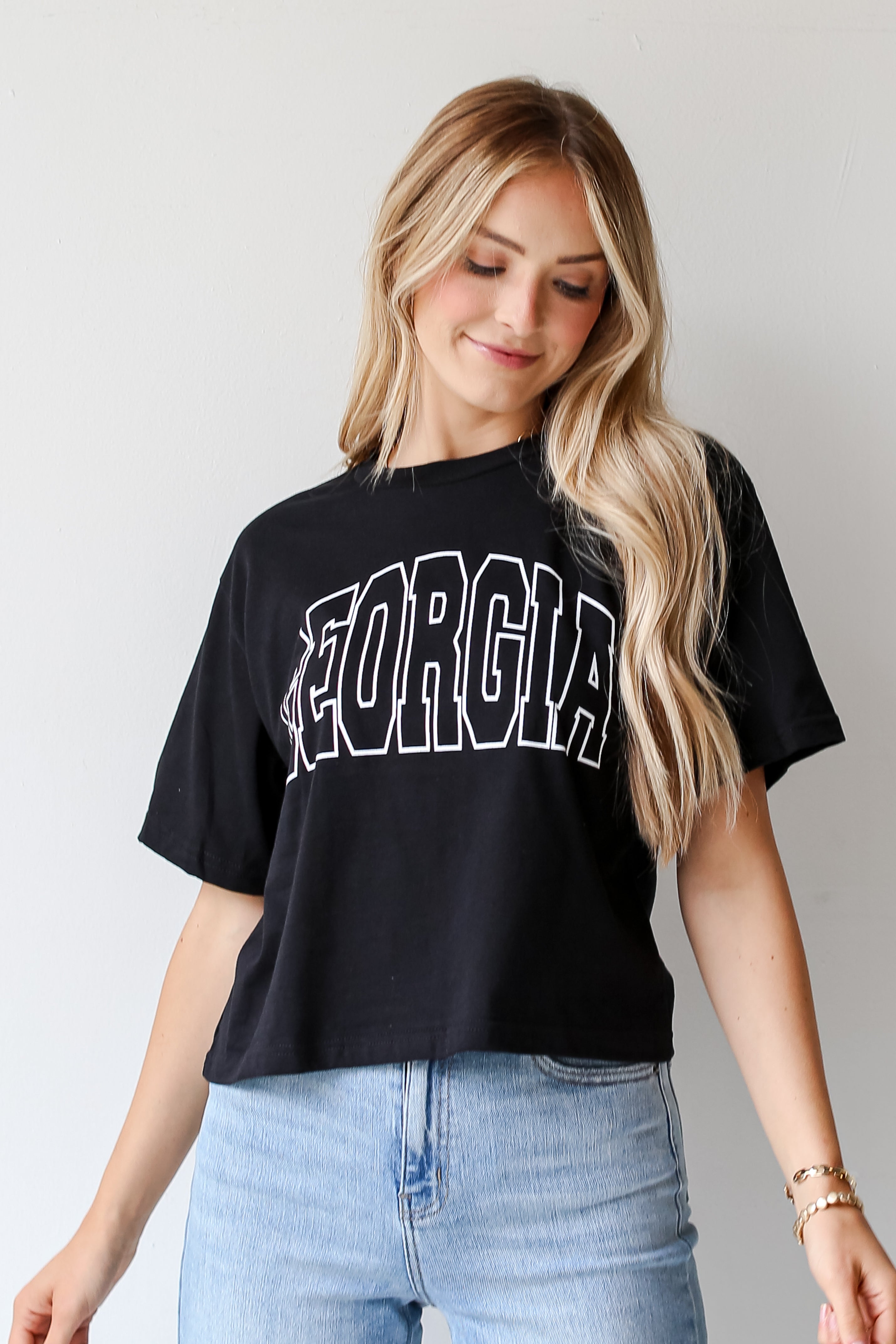 Black Georgia Block Letter Cropped Tee on model