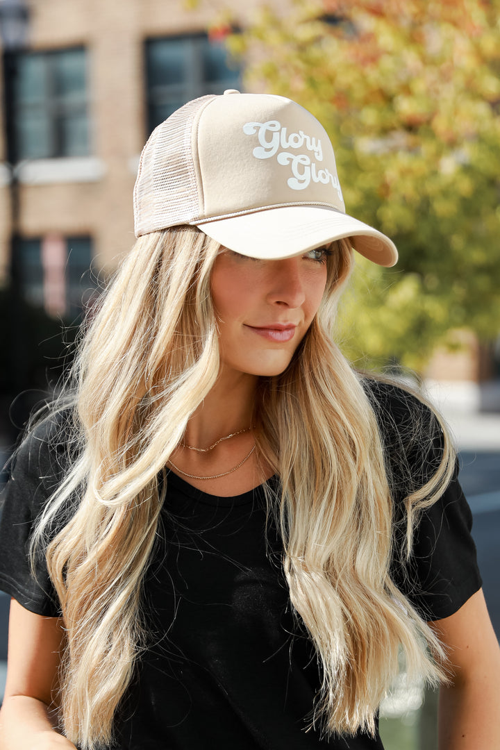 taupe Glory Glory Trucker Hat on model UGA Hats Online