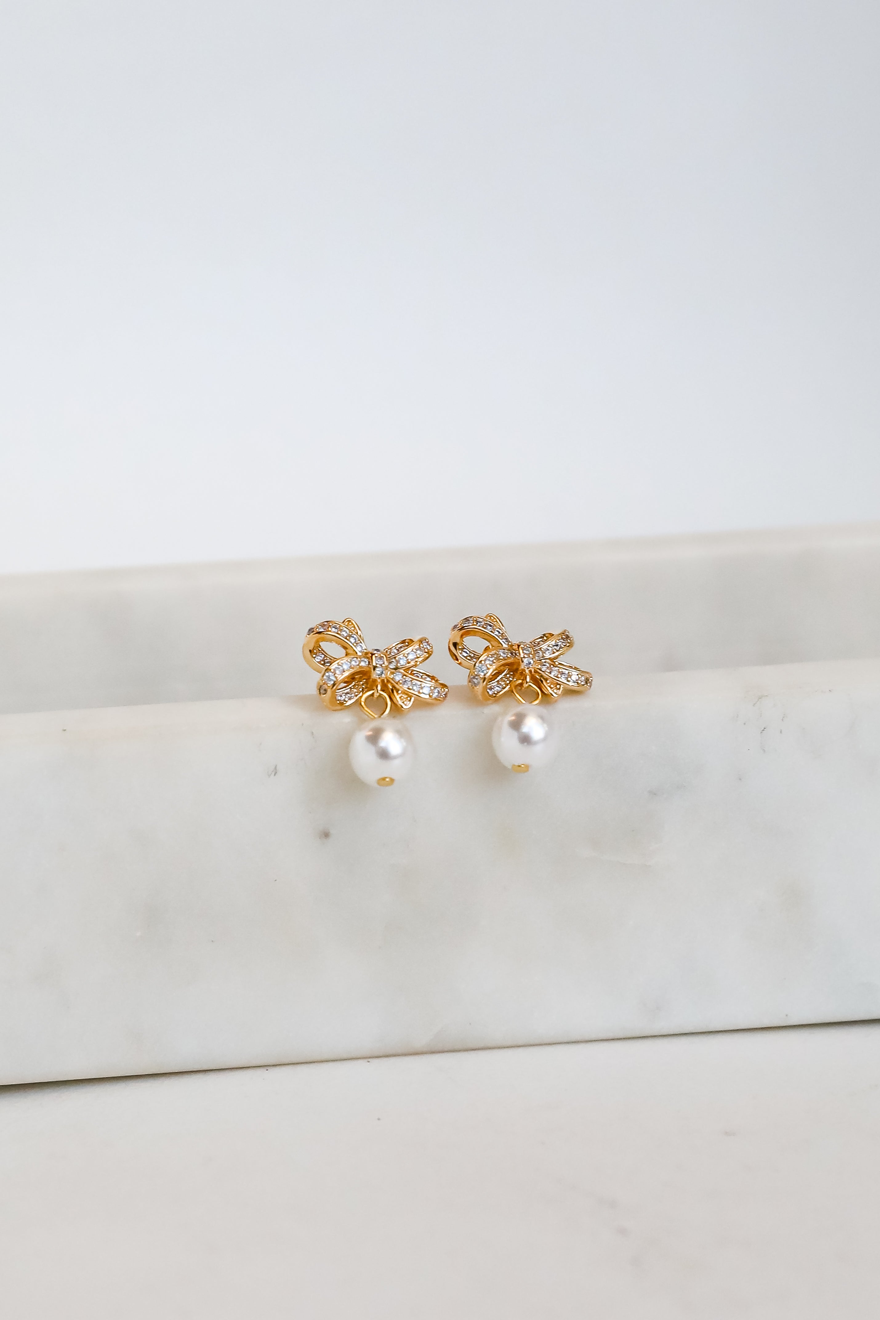 Harlow Gold Rhinestone Pearl Bow Earrings