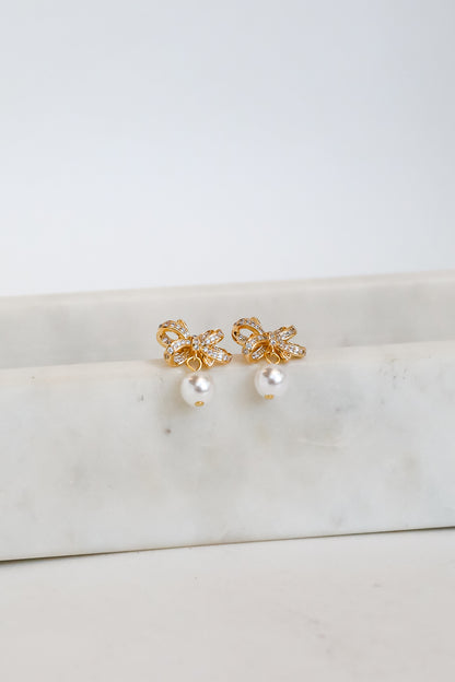 Harlow Gold Rhinestone Pearl Bow Earrings