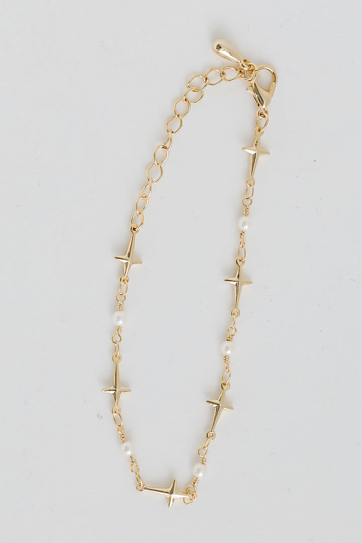 Gold Cross + Pearl Chain Bracelet