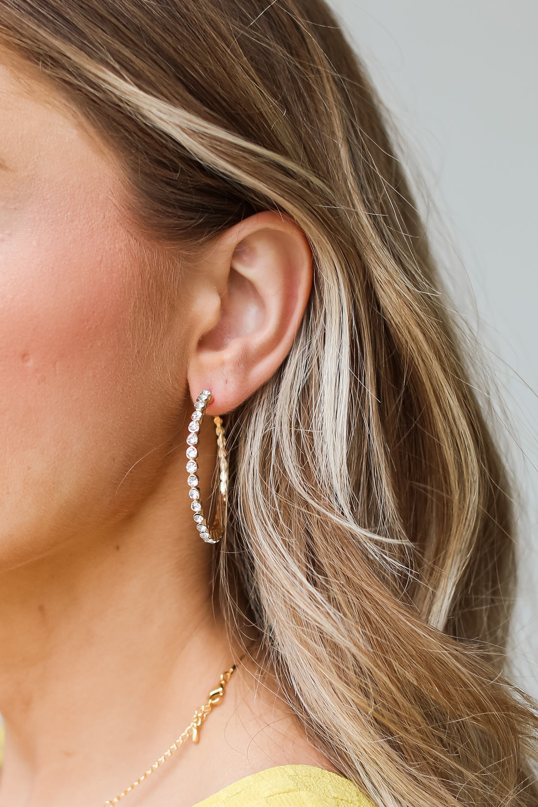 Gold Rhinestone Hoop Earrings on model