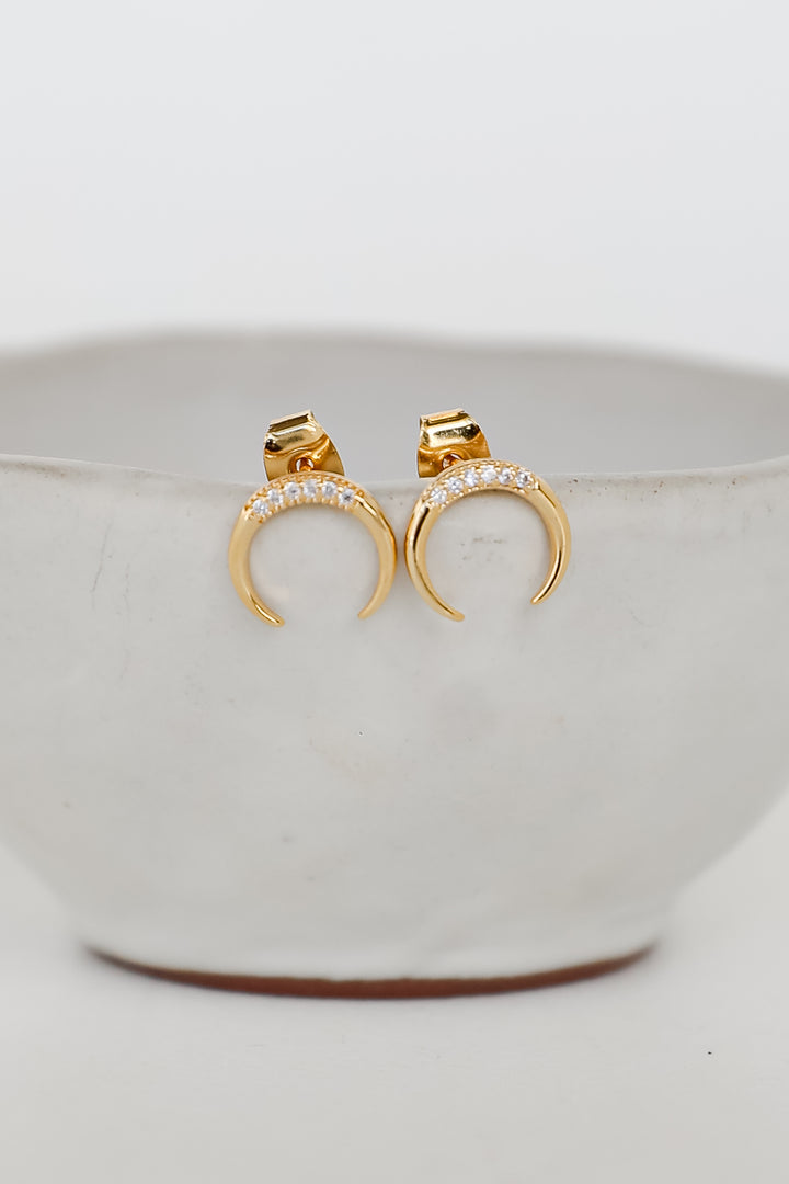 Gold Rhinestone Crescent Horn Stud Earrings